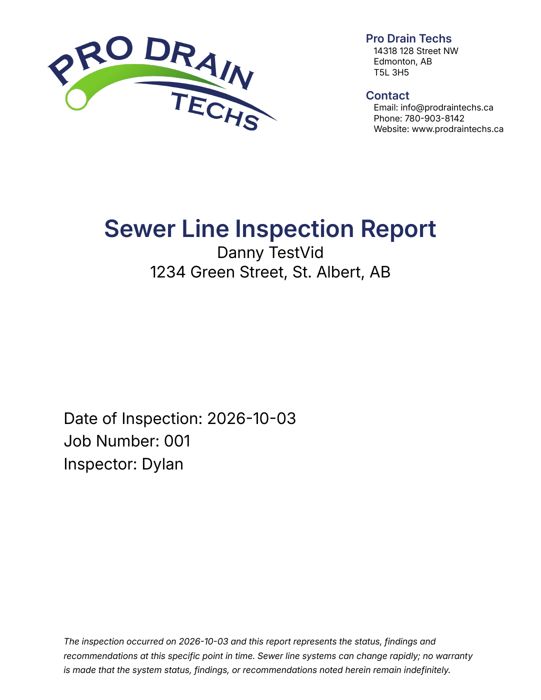 First page of the October 3, 2026 sewer line inspection report